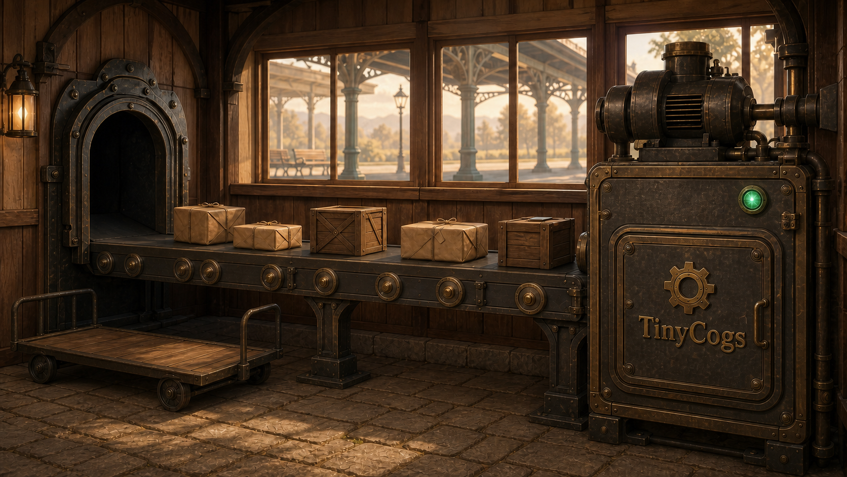 The repaired parcel conveyor running through a warm old station room