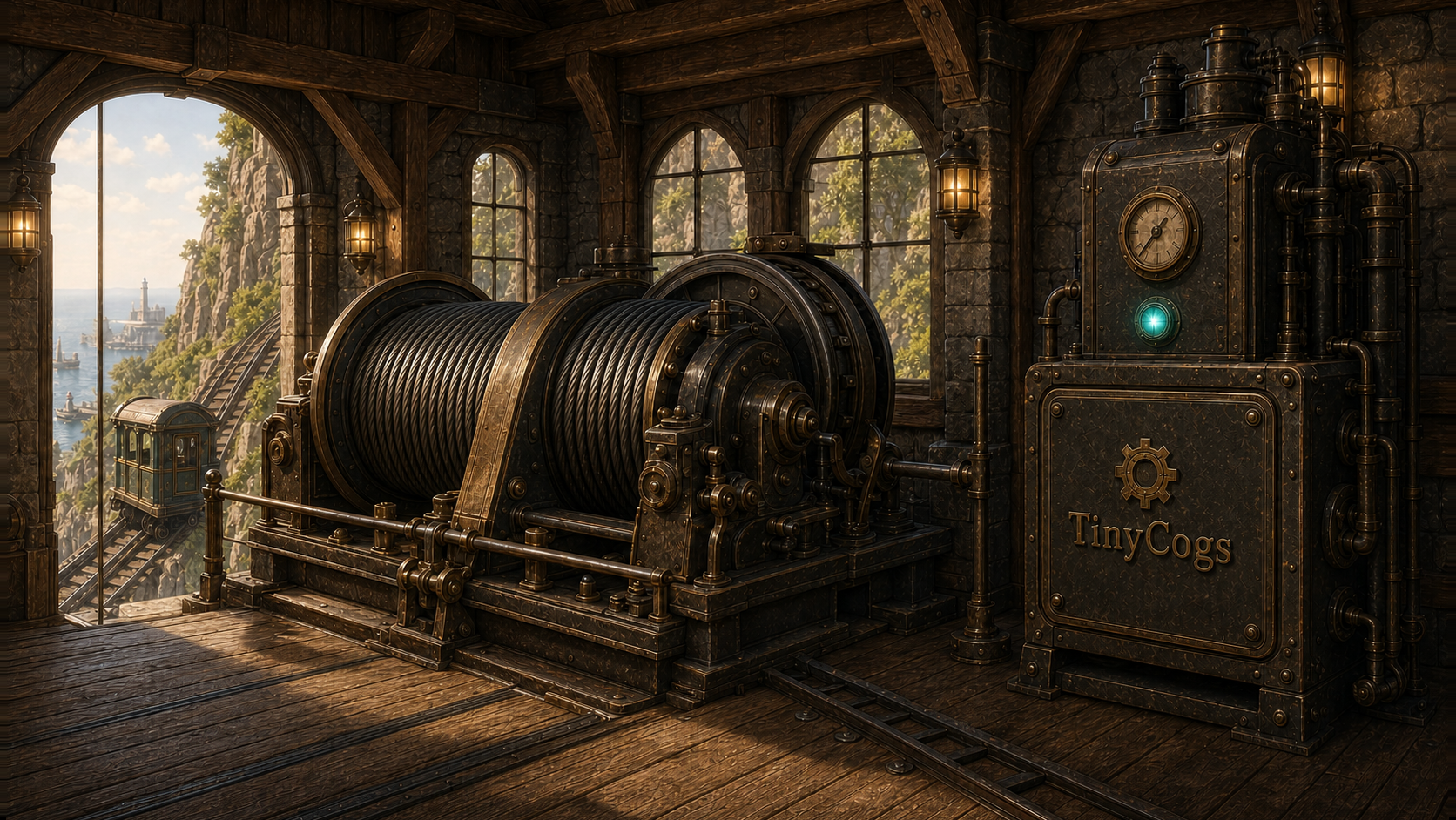 The repaired Gullwing Heights funicular winding drums running beneath a teal TinyCogs service light