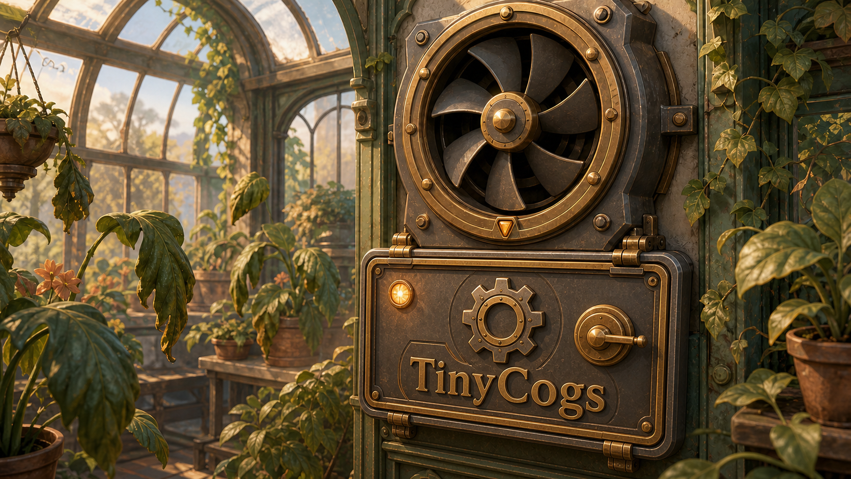 Old greenhouse ventilation machinery with a stopped fan and a closed TinyCogs service panel