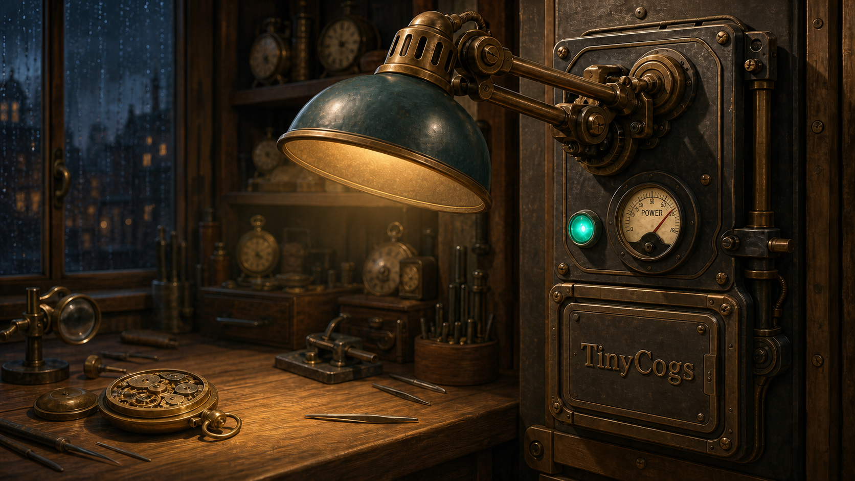 The repaired work lamp casting warm light across a clockmaker's bench