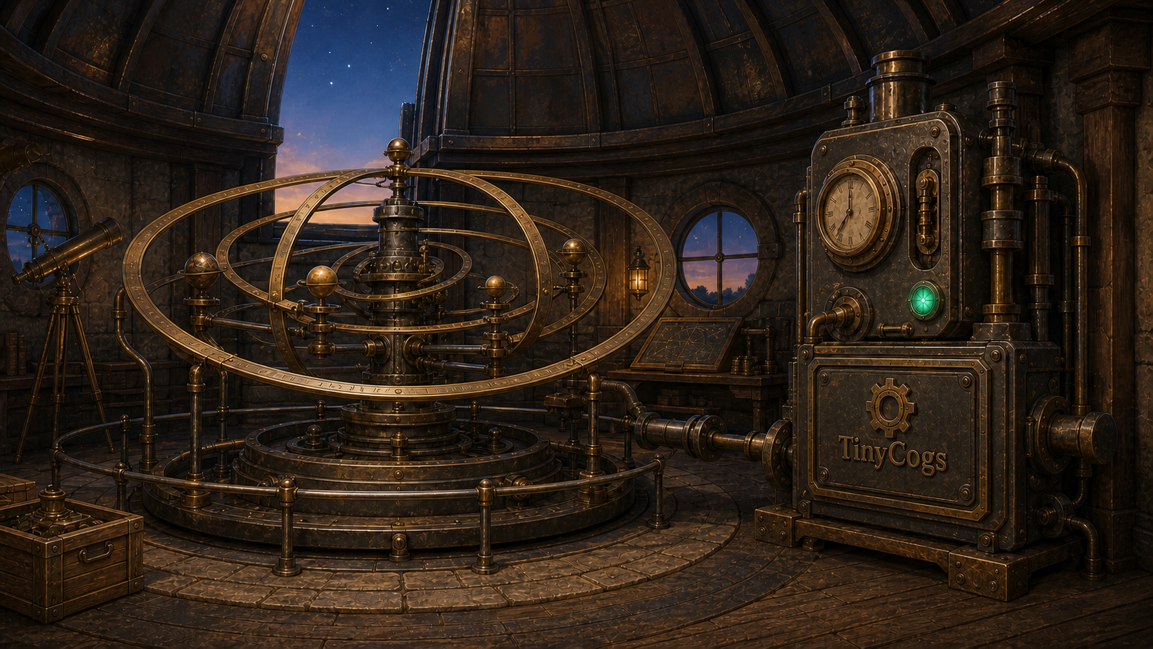 The repaired celestial orrery keeping time beneath the Starling Hill dome