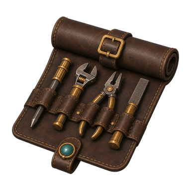 An open dark leather tool roll holding four miniature repair tools
