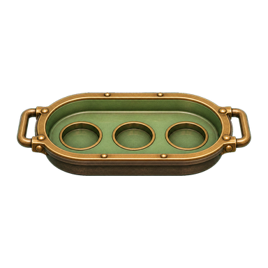 A shallow sage enamel parts tray with aged brass trim