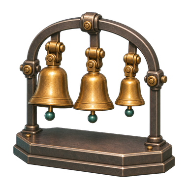Three graduated brass workshop bells hanging from a dark steel stand