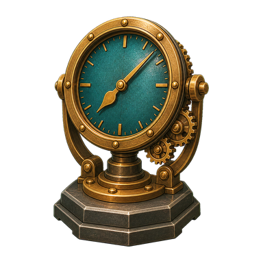 A teal-faced brass tide clock with exposed side gears on a steel pedestal