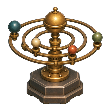 A miniature brass orrery with four colored enamel planets